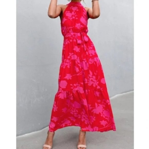 red pink floral print belted halter maxi dress -  Boho - Picture 3 of 11